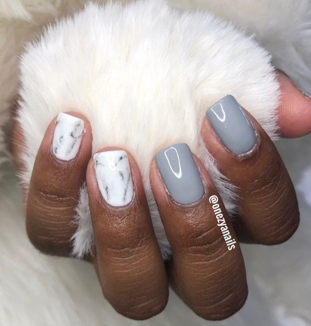 Short Grey Nails With Design, Grey Short Nails, Short Grey Nails, Short Gray Nails, Grey Marble Nails, Grey And White Nails, White Marble Nails, Nail Suggestions, Grey Matte Nails