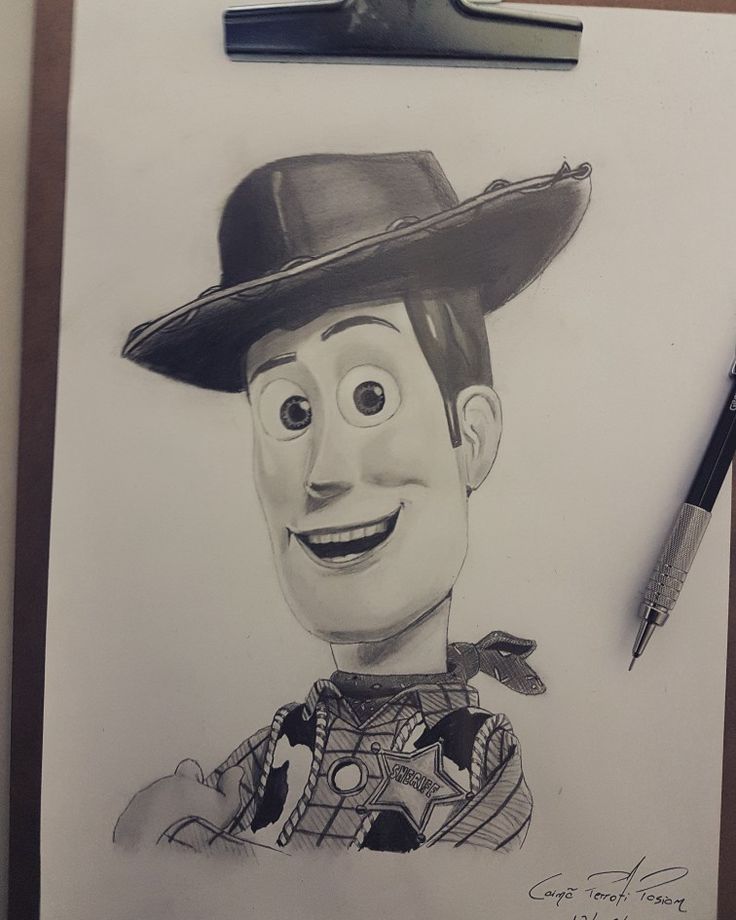 a pencil drawing of toy story character woody from toy story with a pen and marker