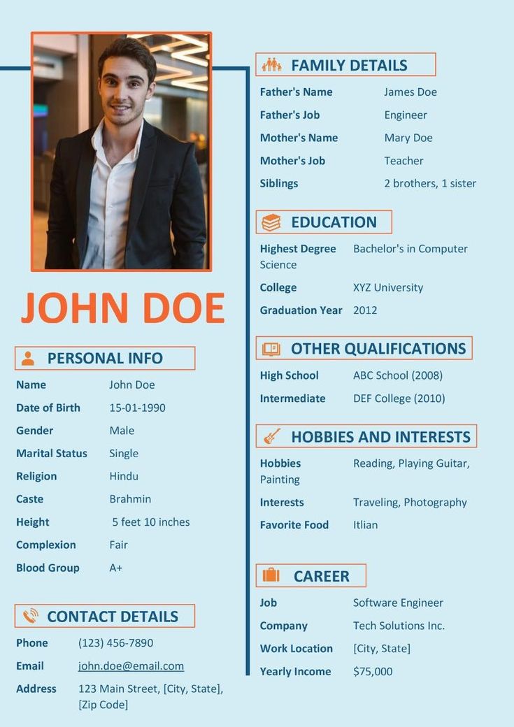 a blue and orange resume with an image of a man in a suit on it