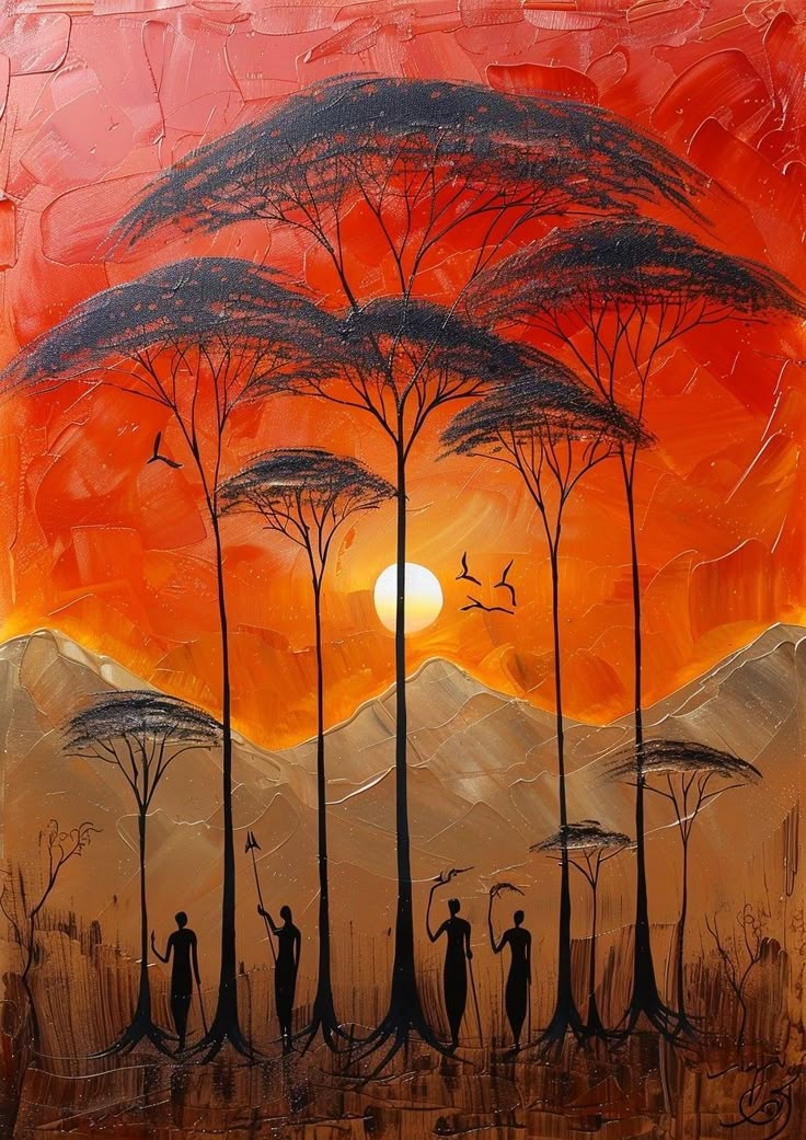 a painting of people walking in the woods at sunset