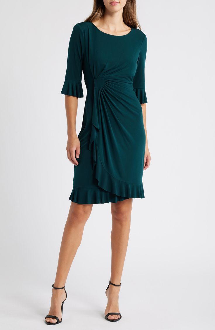 Stretch-enhanced fabric offers desk-to-dinner comfort in a dress framed by ruffled sleeves and finished with front pleats for a gathered affect. 40" length (size 8) Jewel neck Elbow-length sleeves Partially lined 100% polyester Machine wash, tumble dry Imported Fitted Draped Dress With Gathered Sleeves, Evening Flutter Sleeve Pleated Dress, Pleated Ruffle Sleeve Party Dresses, Ruffle Sleeve Midi Dress For Work, Pleated Party Dresses With Ruffle Sleeves, Evening Pleated Dress With Flutter Sleeves, Midi Dress With Ruffle Sleeves And Ruffles For Work, Evening Dresses With Pleated Flutter Sleeves, Formal A-line Dress With Gathered Sleeves