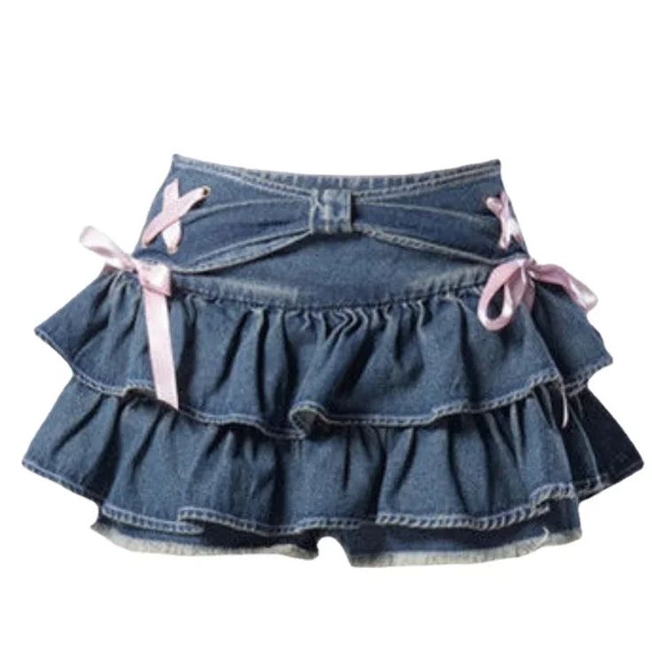 44710618431733|44710618464501|44710618497269 Denim Skirt Mini, Y2k Denim Skirt, Japanese Y2k, Cake Mini, Bow Skirt, Elastic Waist Jeans, Handmade Skirts, Skirt Y2k, Skirt Shorts