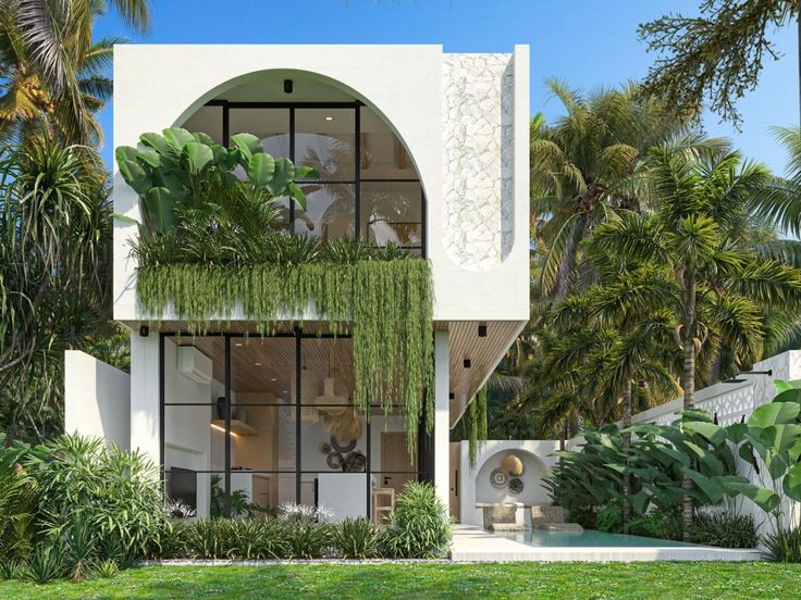 an artist's rendering of a modern house in palm trees and greenery on the outside