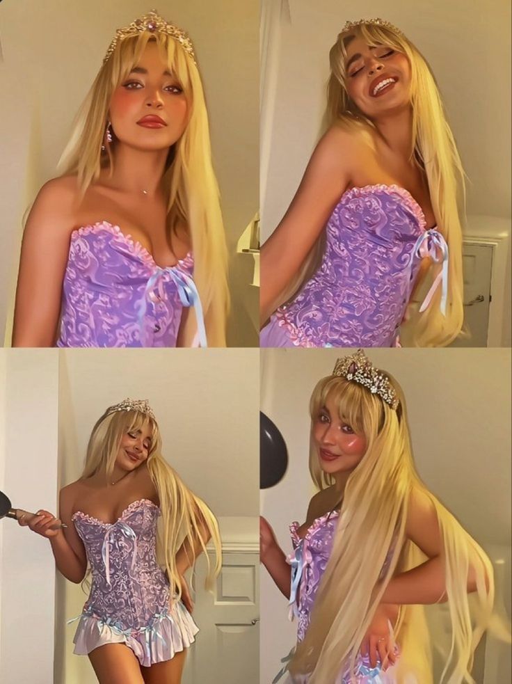 four different pictures of a blonde woman wearing a purple dress and tiara, smiling at the camera