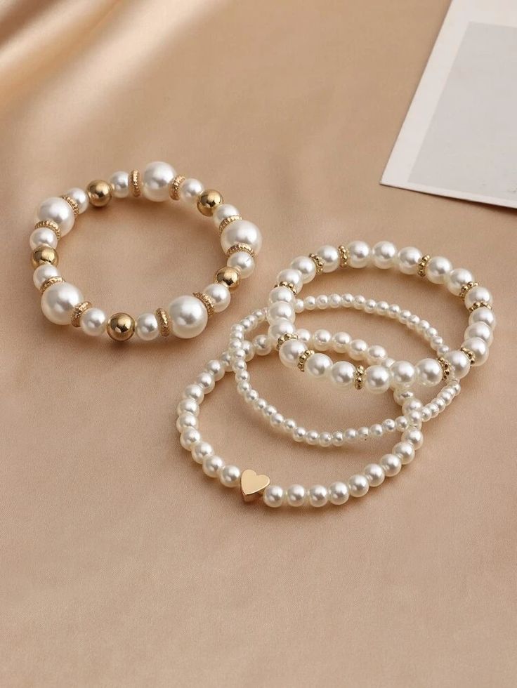 4pcs Faux Pearl Decor Bracelet | SHEIN USA Teen Jewelry, Wedding Bridesmaid Jewelry, Beads Bracelet Design, Handmade Jewelry Tutorials, Jewelry Accessories Ideas, Wedding Party Jewelry, Elastic Bracelet, Hand Jewelry, Mens Jewelry Bracelet