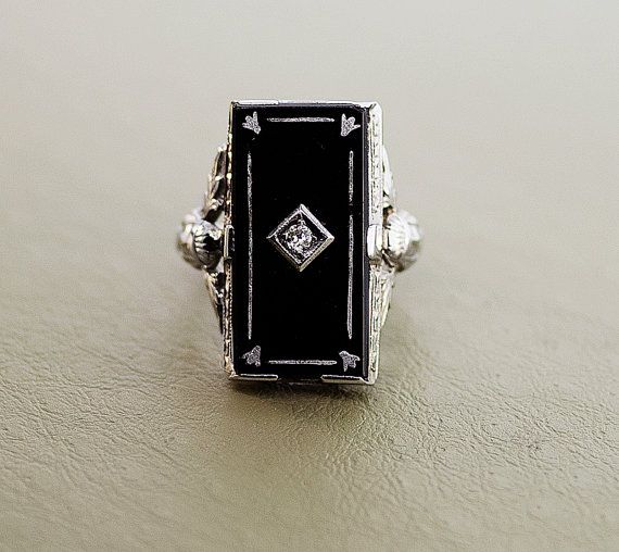 antique-18k-white-gold-black-onyx-love Elegant Black Diamond Ring In 14k Gold, Elegant White Gold Onyx Ring, Fine Jewelry Black Ring Stamped 14k, Elegant Black Rings For Formal Occasions, Formal Black Diamond Ring With Diamond Accents, Black Formal Rings In Fine Jewelry Style, Black Fine Jewelry Rings For Formal Occasion, Formal Black Diamond Ring Stamped 14k, Classic Black Diamond Ring With Black Enamel