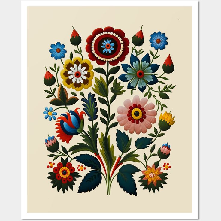 an illustration of flowers and leaves on a cream background with red, blue, yellow, green, orange, and white colors