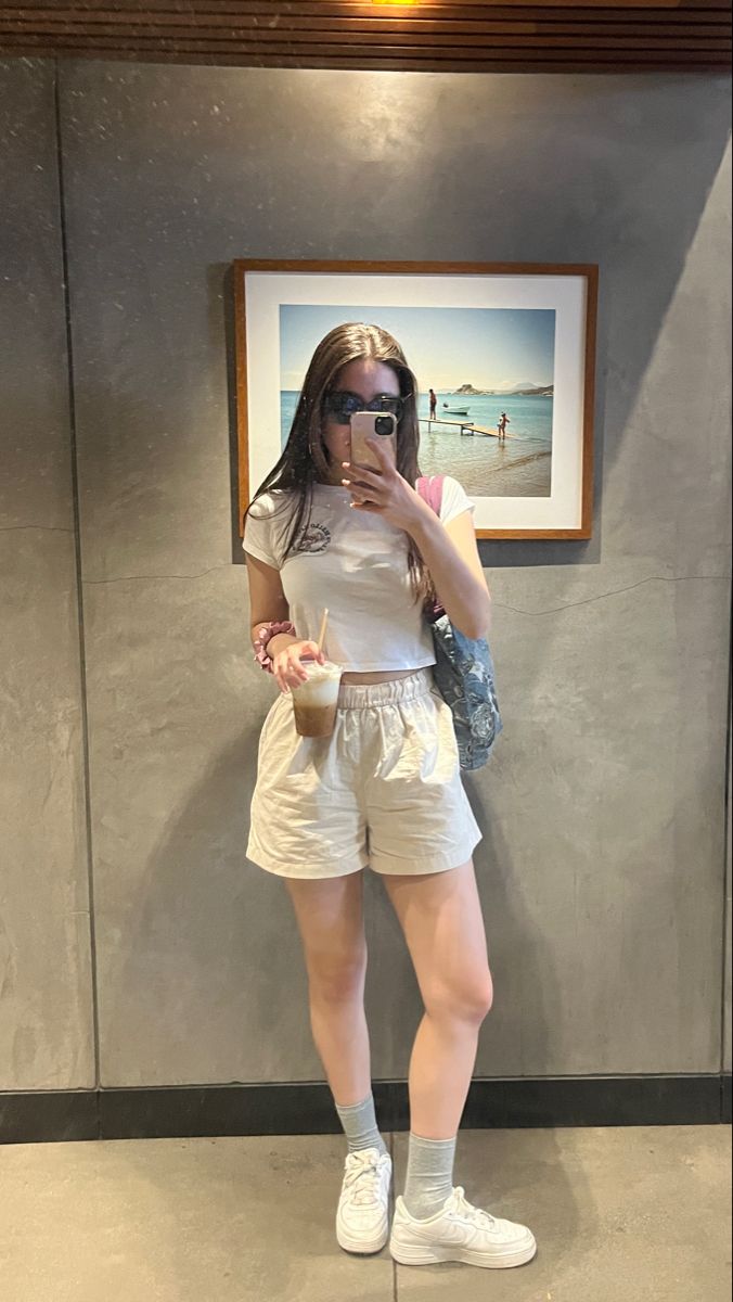 white beige summer outfit coffee latte errand uniqlo chino shorts hello kitty tshirt Beige Sweat Shorts Outfit, Beige Short Pants Outfit, Beige Sweatshorts Outfit, Simple Errands Outfit, Off White Shorts Outfit, Korean Outfits With Shorts, Summer Outfits Thailand, White Short Pants Outfit, Beige Shorts Outfit Aesthetic