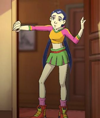 a cartoon character standing in front of a door with her arms outstretched and hands out