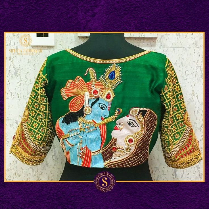 Radha Krishna Work On Blouse, Fabric Painting On Blouse Sleeves, Radha Krishna Embroidery Designs, Painting Blouses, Computer Work Blouse Designs, Bavariya Work, Blouse Painting, Painted Blouse, Painted Saree