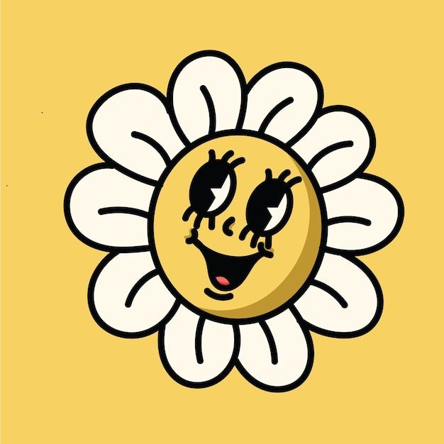 a yellow and white flower with two black mice in it's center, on a yellow background