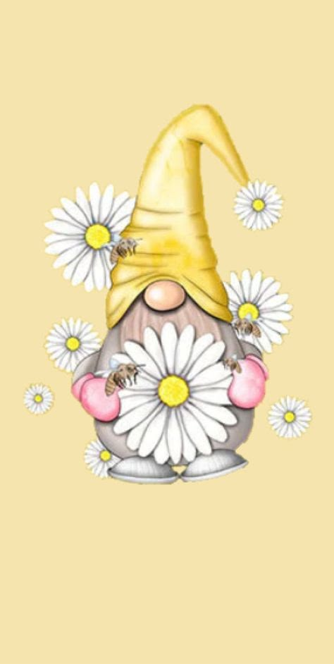 a gnome's hat with daisies and bees on the bottom is surrounded by daisies