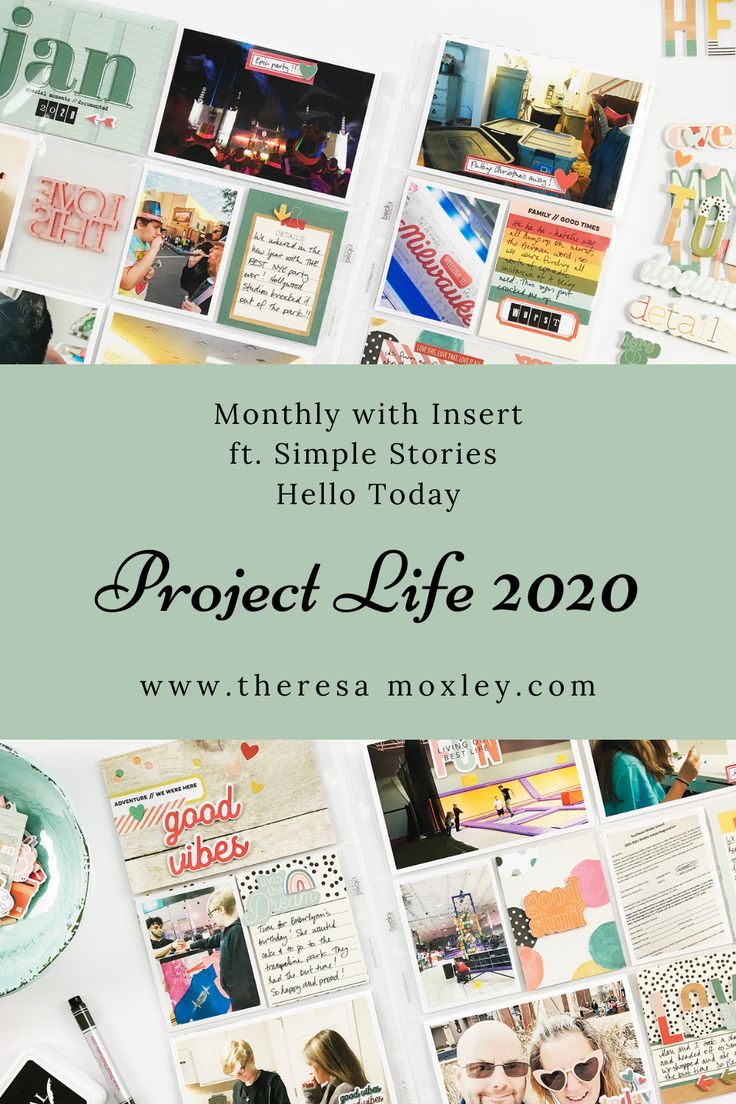 a table topped with pictures and text that says project life 2020 on the top right