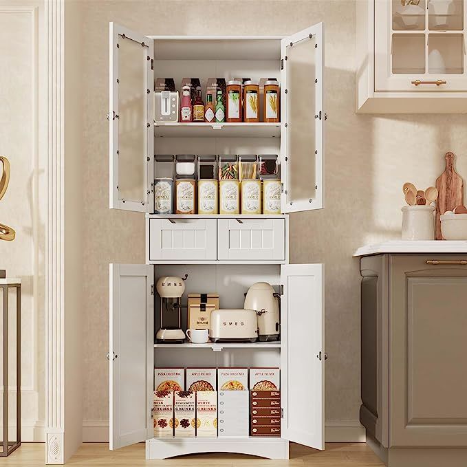 an open cabinet in the middle of a kitchen with spices and condiments on it