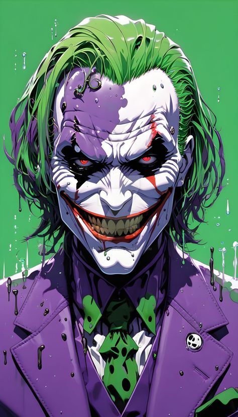 the joker from batman comics with his green hair and purple suit, is looking at the camera