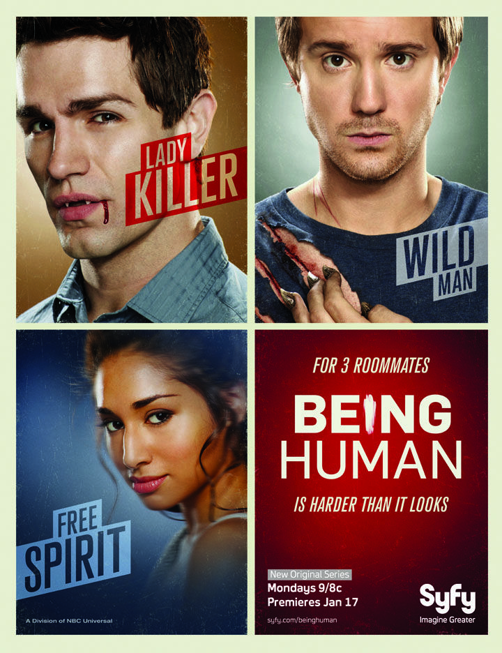 the movie poster for being human is shown in four different pictures, including a man with his mouth open