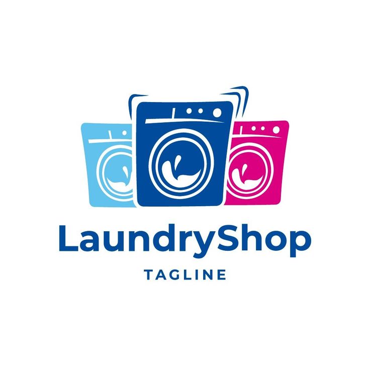 the logo for laundry shop tagline is multicolored and has two washing machines