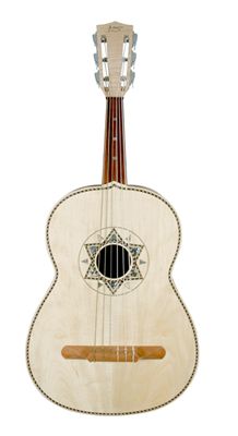 an ukulele made out of wood, with the frets and strings attached to it