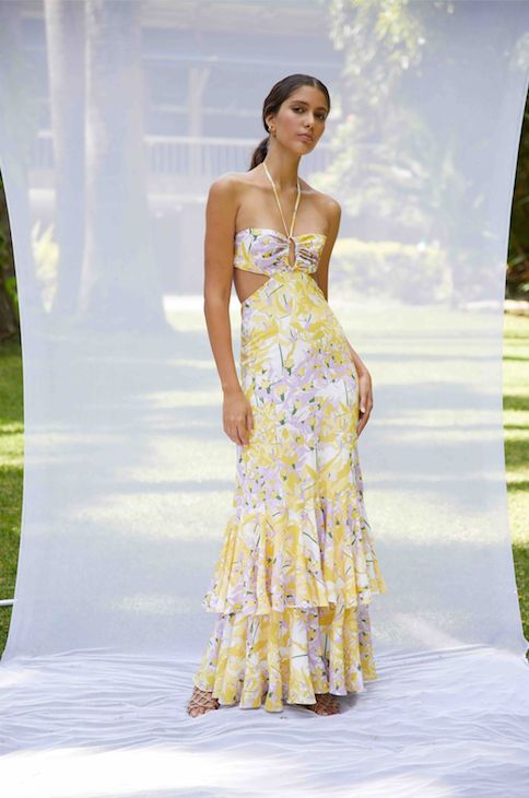 ESPUMA DE MAR DRESS IN LA VACANZA YELLOW PRINT – No Pise La Grama Web Beachwear Midi Dress For Summer Parties, Chic Dresses For Poolside And Beach Season, Chic Floral Print Maxi Dress For Summer Parties, Maxi Length Dresses For Summer Parties, Floral Print Maxi Sundress For Summer Parties, Sundress With Tropical Print For Day Out, Yellow Midi Floral Dress For Vacation, Floral Print Maxi Length Sundress For Summer Parties, Yellow Floral Midi Dress For Vacation