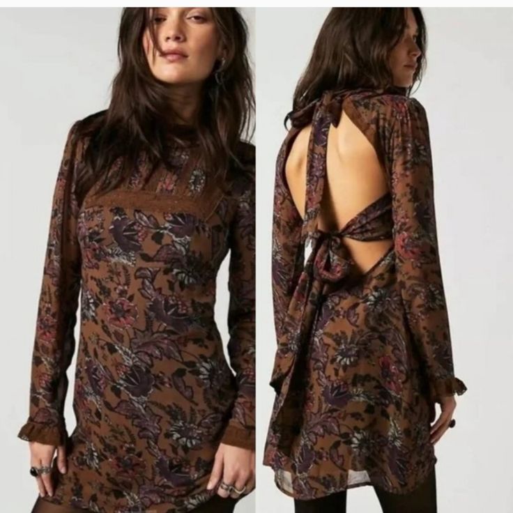 Nwot Mushroom Brown Floral Mini Dress With Sheer Lace Trimmed Sleeves And Neck. Back Zip To The Side. Open Back With Ties At Neck And Waist. Body And Lining 100% Viscose. Size Xl. P2p 16-21, Waist 15-17, Length 36. Gorgeous Colors For Fall Tie Back Mini Dress For Fall, Fall Mini Length Dresses With Tie Back, Mini Length Tie Back Dress For Fall, Fall Long Sleeve Tie Back Dress, Fall Long Sleeve Tie-back Dress, Purple Bohemian Mini Dress For Fall, Fitted Brown Bohemian Mini Dress, Bohemian Brown Mini Dress, Spring Printed Brown Mini Dress