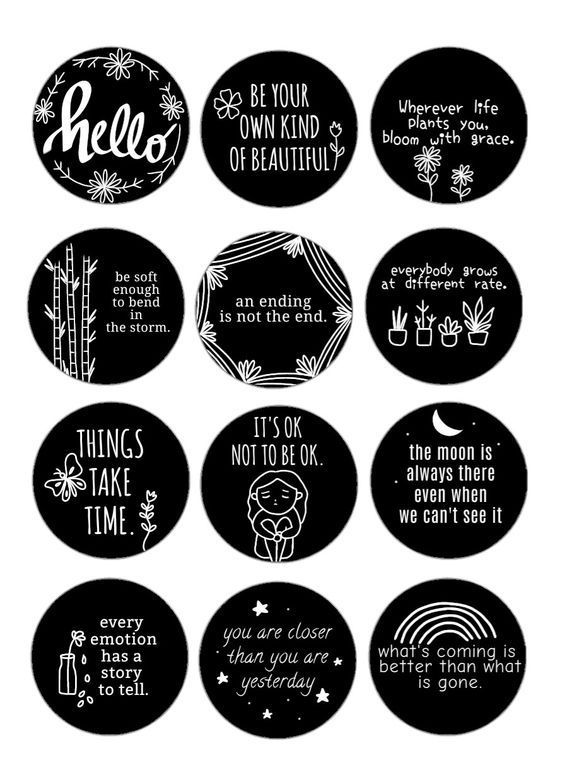 six black and white badges with different sayings