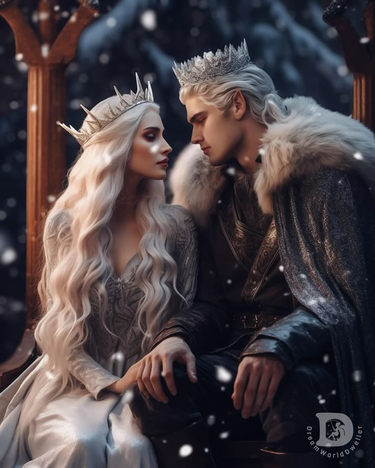 a man and woman dressed up as snow queen and king sitting on a bench in the snow