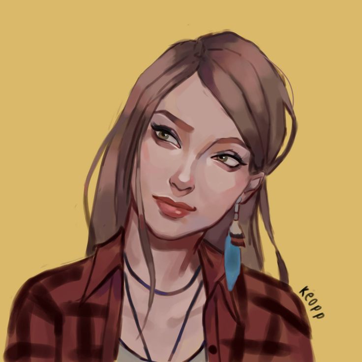 a drawing of a woman with long hair wearing a plaid shirt and blue earrings