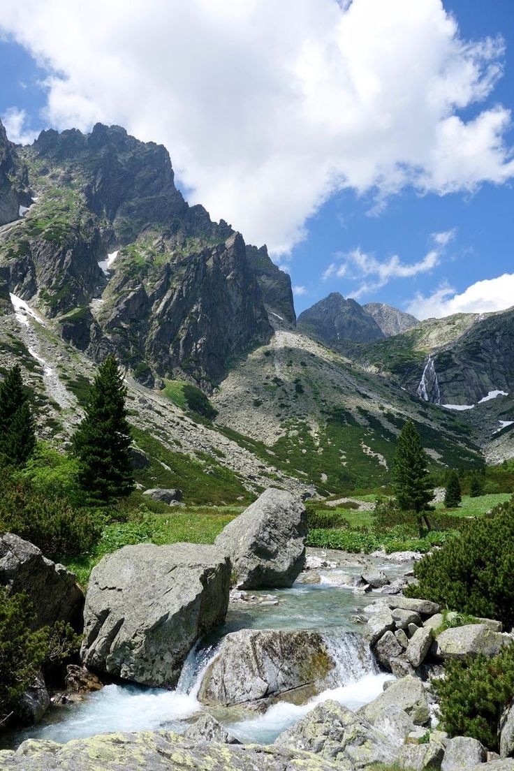 a stream running through a lush green valley surrounded by rocks and trees with mountains in the background