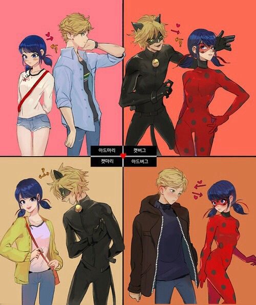 four anime characters with different outfits and hair