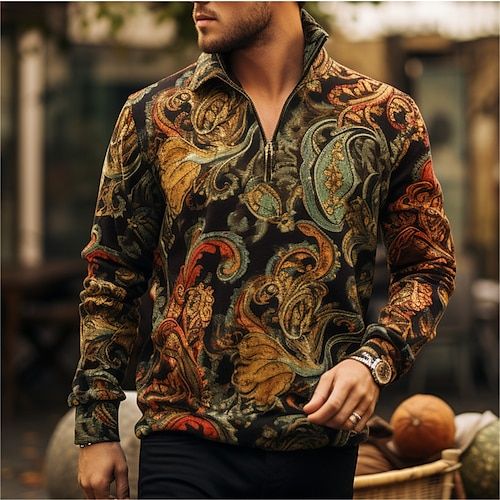 Season:Fall  Winter; Fabric:Polyester; Sleeve Length:Long Sleeve; Gender:Men's; Style:Vintage; Tops Type:Zip Polo; Occasion:Casual Daily,Outdoor,Streetwear; Pattern:Paisley; Design:3D,Print; Neckline:Turndown,Zip; Brand:OUKU; Listing Date:09/15/2023; Bust:null; Length:; Shoulder Width:; Fit US Size:null; Fit UK Size:null; Fit EU Size:null; Sleeve Length: Classic Long Sleeve Shirt With Paisley Print, Mens Leopard Print Shirt Outfit, Casual Multicolor Paisley Print Shirt, Mens Leopard Print Shirt, Paisley Print Shirt Men, Streetwear Fall, Polo Golf, Polo Long Sleeve, Vintage Casual