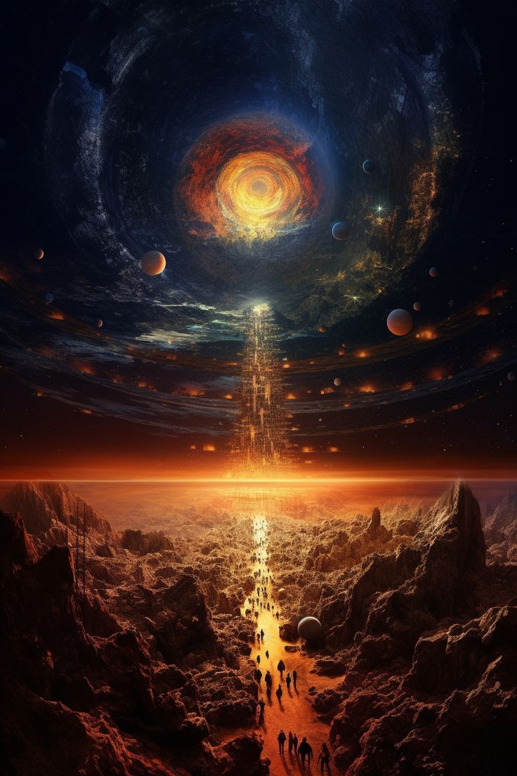 an artist's rendering of the solar system with many planets and stars in the sky