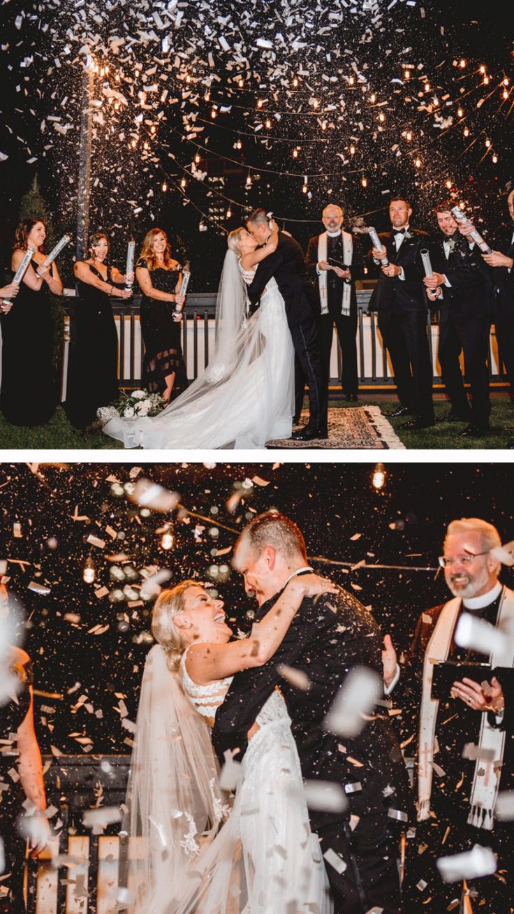 the bride and groom are surrounded by confetti