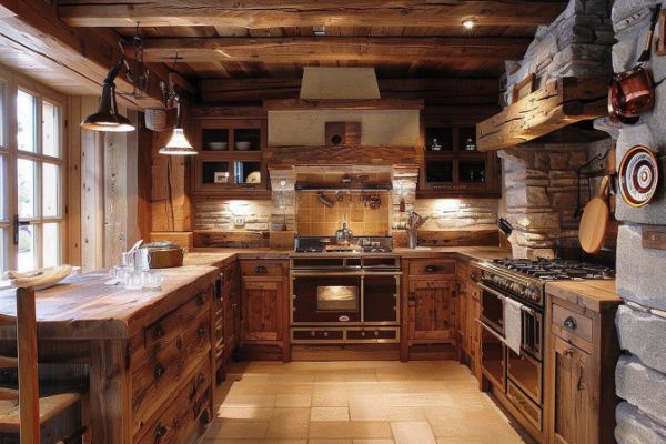 a kitchen with wooden cabinets and an oven in the center, along with stone walls