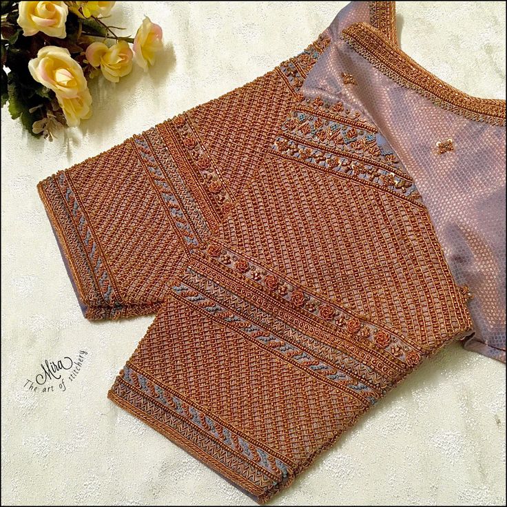 Handcrafted with copper materials Copper Work Blouse Design, Copper Blouse Designs, Copper Work, Zardosi Work, Stitching Patterns, Maggam Works, Copper Design, New Blouse Designs, Aari Work Blouse