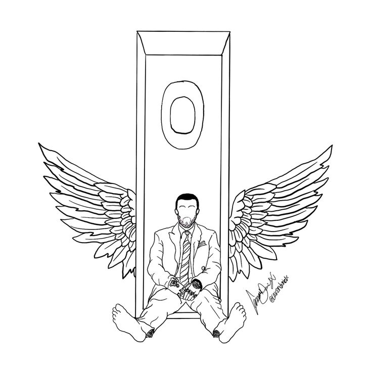 a man sitting in front of an open door with wings on it and the letter o above him