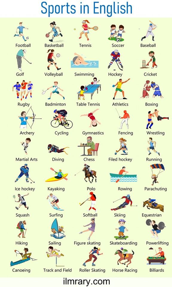 an image of sports in english with many different types of people and words on it