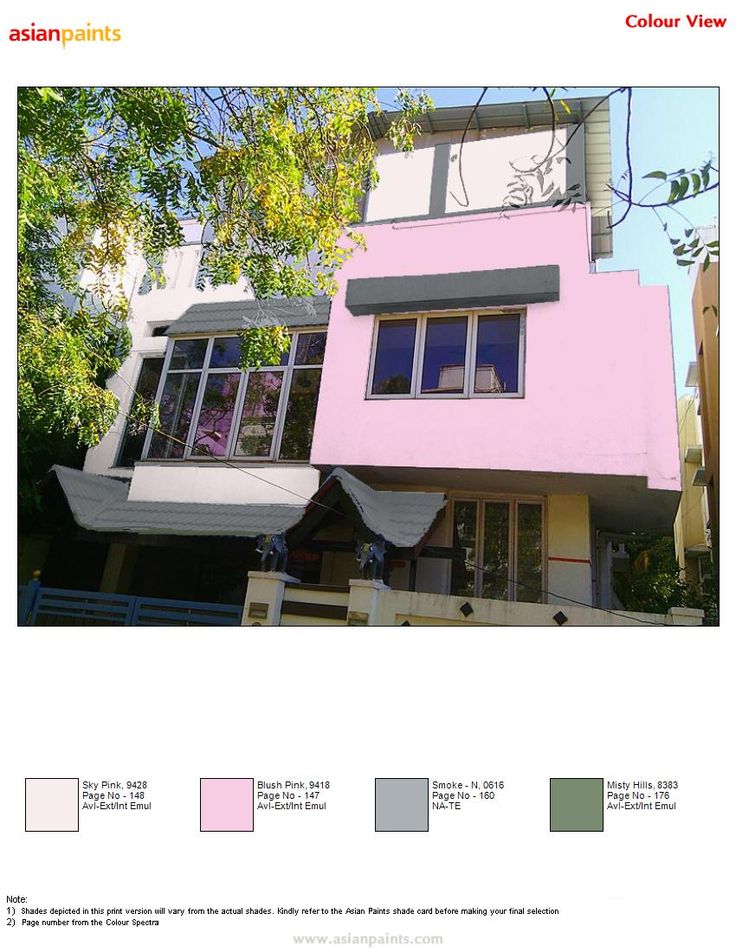 a pink house with lots of windows on the top floor and bottom level is shown in color swatches