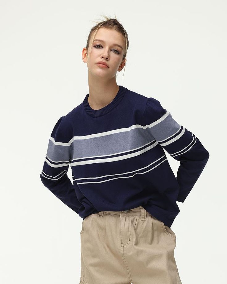 Details: Long-sleeve jumper with stripes designTop Length: NormalSleeve Length: Long SleevesMaterials:95% Polyester + 5% Spandex Trendy Blue Top With Contrast Stripes, Casual Blue Sweater With Contrast Stripes, Navy Casual Sweater With Contrast Stripes, Blue Striped Sleeve Tops For Fall, Casual Striped Sweater For Work, Blue Tops With Striped Sleeves For Fall, Blue Horizontal Stripe Long Sleeve Top, Blue Long Sleeve Tops With Horizontal Stripes, Blue Long Sleeve Tops With Striped Cuffs