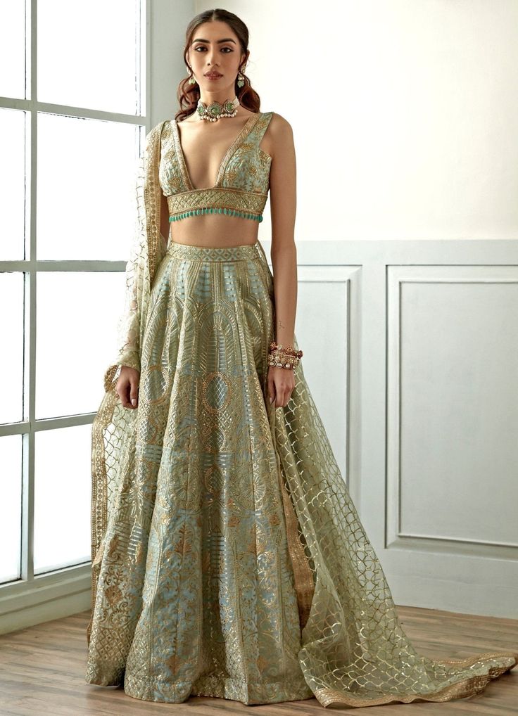 Soulful Sky Blue and Gold Sequenced Lehenga Set Studio Iris - Fabilicious Fashion Sky Blue Lehenga, Studio Iris, Sequence Lehenga, Orang India, Indian Bridesmaid Dresses, Simple Lehenga, Indian Outfits Lehenga, Anamika Khanna, Lehenga Designs Simple