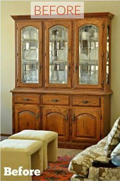 an old china cabinet is transformed into a dining room hutch with glass doors and drawers