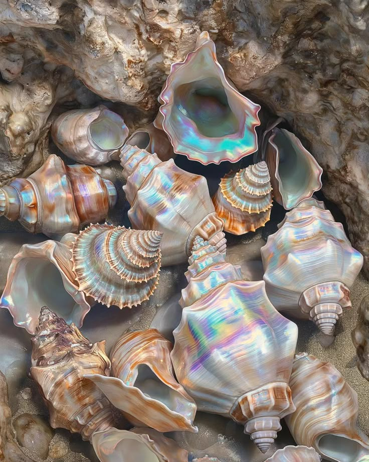 many different types of shells on the beach