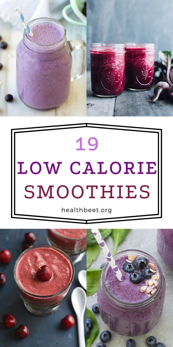 blueberry smoothie in mason jars with text overlay reading 19 low calorie smoothies