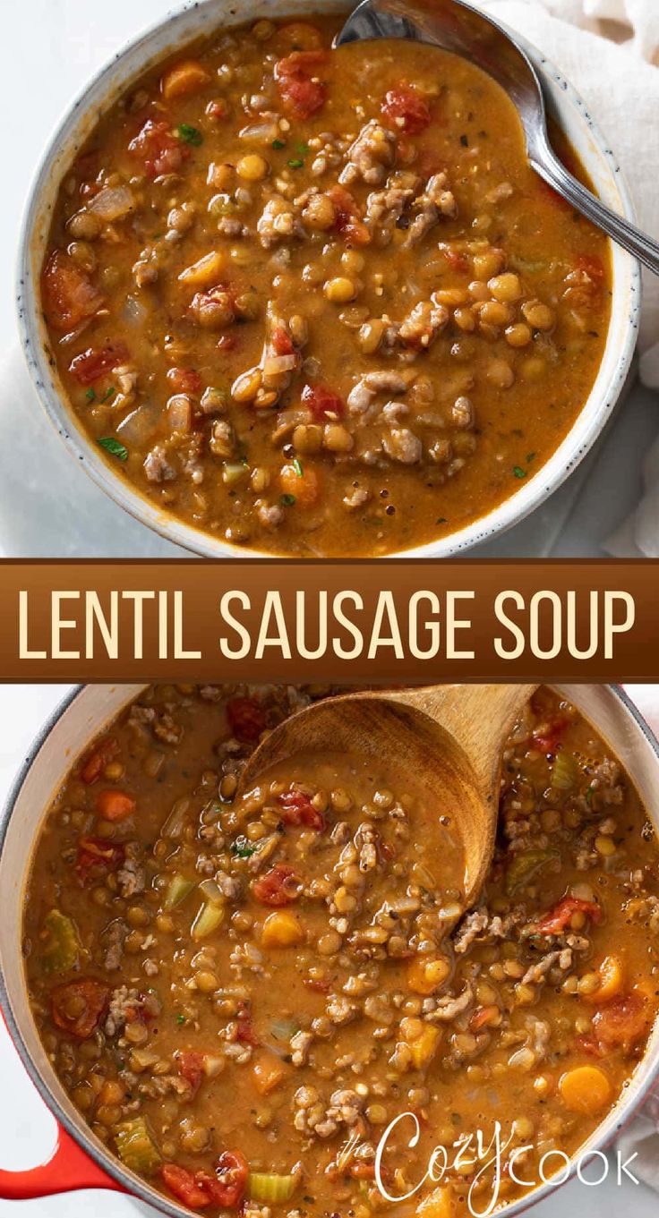 lentil sausage soup in a red pot with a wooden spoon