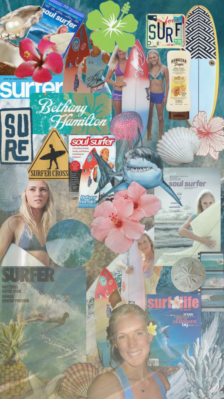 the collage is made up of many different pictures and words, including women in bikinis