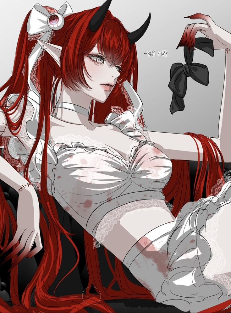 a woman with red hair and horns sitting on the ground