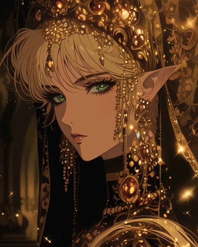 an anime character with blonde hair and green eyes, wearing gold headdress while staring at the camera