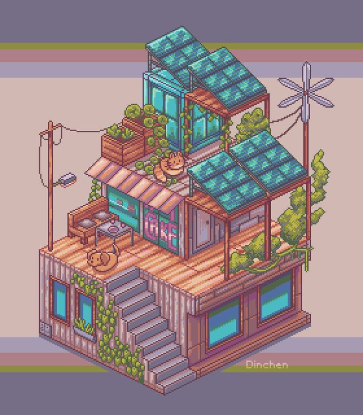 a house with plants growing on the roof and stairs to the second floor, in pixel style