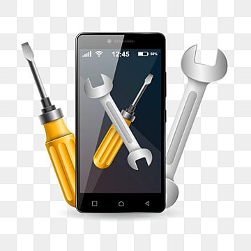 a cell phone with tools on the screen and an wrench next to it, which is