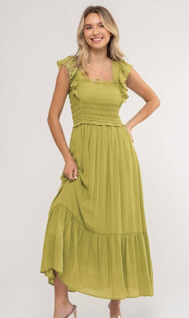 Rayon and Polyester Solid Color Dresses For Spring And Summer, Square Neck Solid Color Dress For Day Out, Solid Color Square Neck Sundress, Casual Square Neck Ruched Dress, Sleeveless Dress For Spring Brunch, Green Solid Color Dress For Day Out, Casual Solid Color Square Neck Dress, Square Neck Solid Color Vacation Dress, Green Solid Color Summer Dress