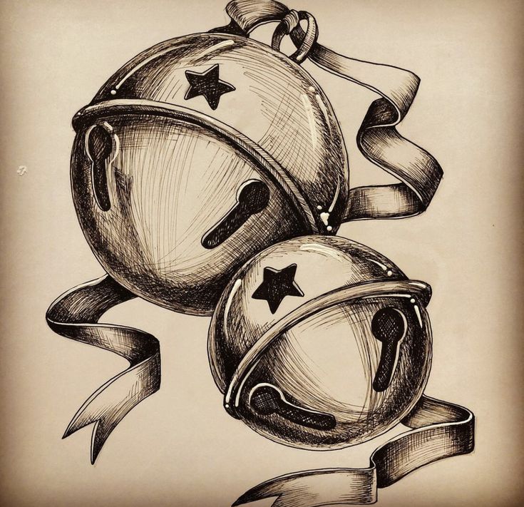 a drawing of two bells with ribbon around them and one bell has a star on it